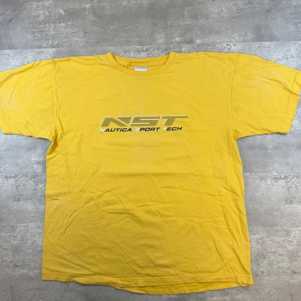Vintage Nautica Sport Tech NST Graphic T-Shirt Yellow Large Mens 90s Streetwear
